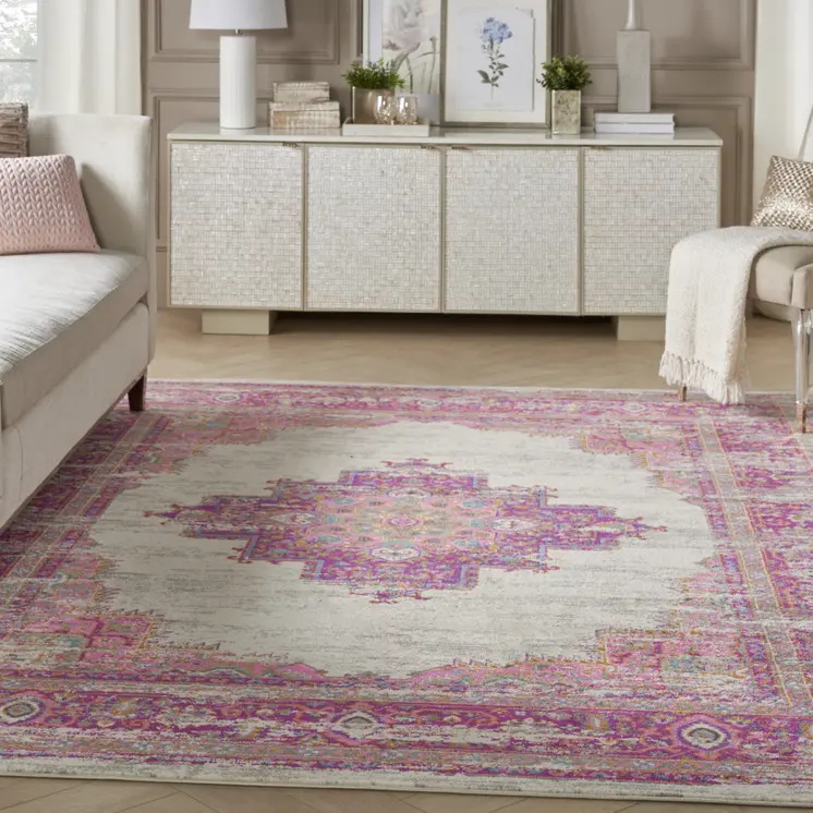 8' X 10' Ivory And Fuchsia Oriental Distressed Area Rug