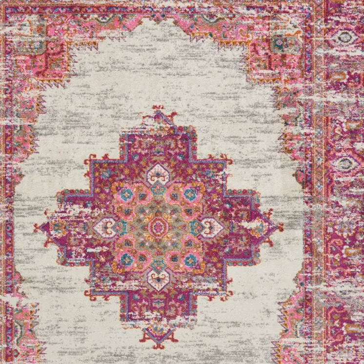 8' X 10' Ivory And Fuchsia Oriental Distressed Area Rug