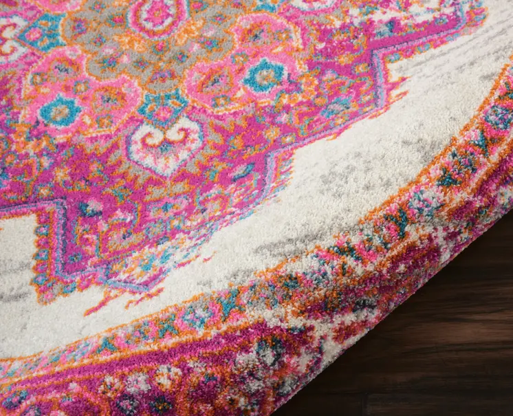 8' Ivory And Fuchsia Oriental Distressed Round Rug