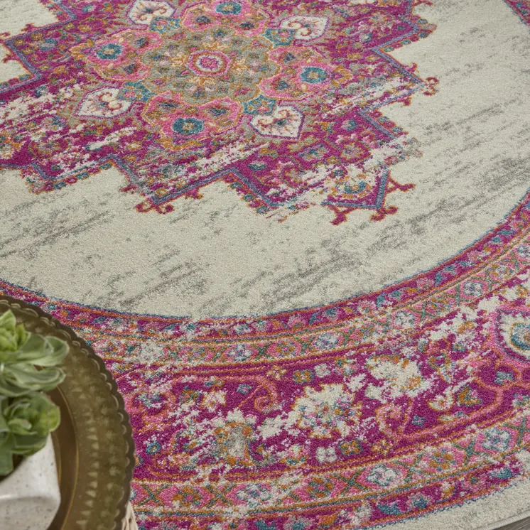 8' Ivory And Fuchsia Oriental Distressed Round Rug