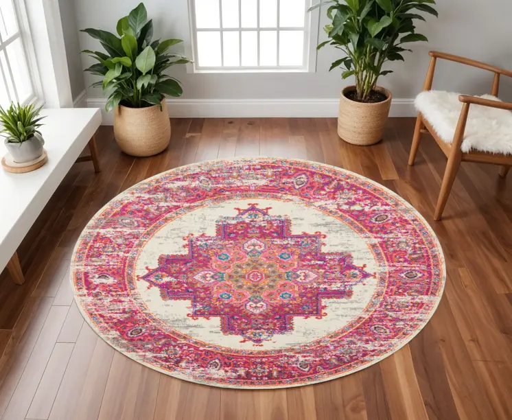 8' Ivory And Fuchsia Oriental Distressed Round Rug