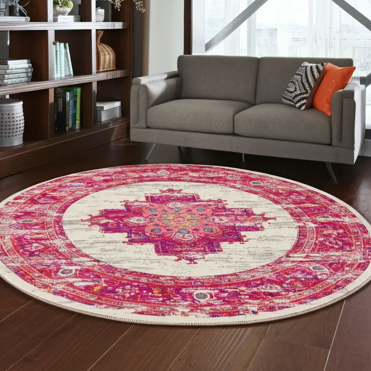 8' Ivory And Fuchsia Oriental Distressed Round Rug