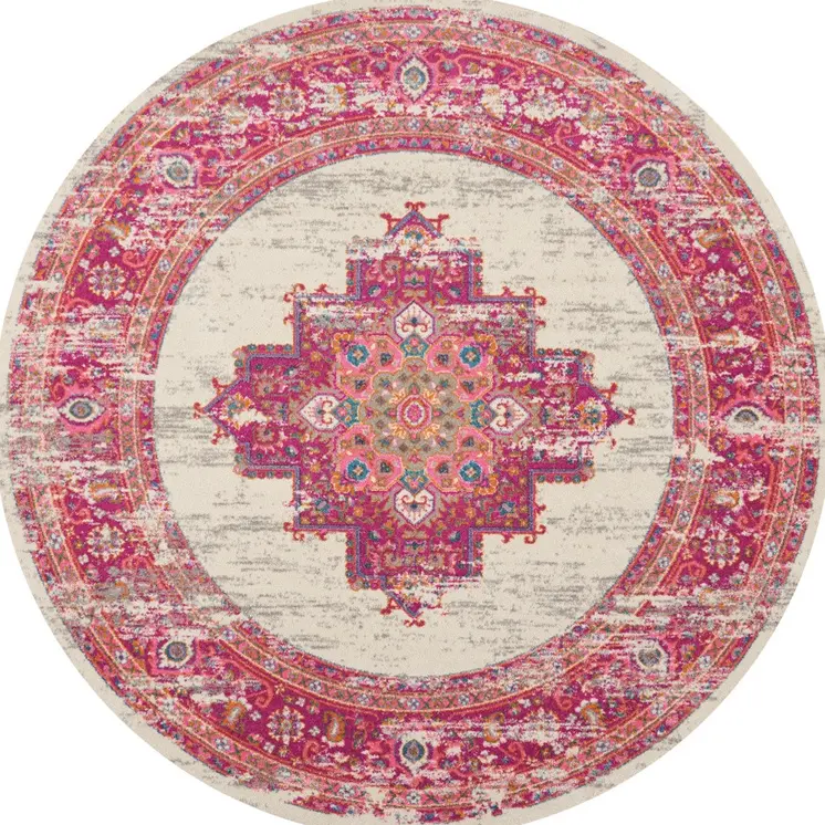 8' Ivory And Fuchsia Oriental Distressed Round Rug