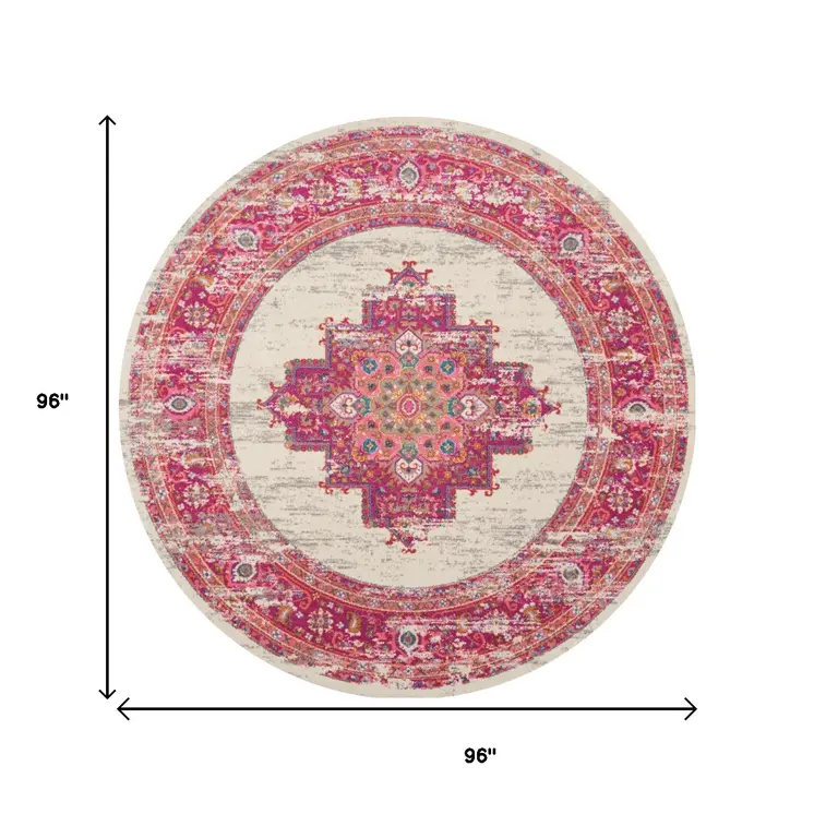 8' Ivory And Fuchsia Oriental Distressed Round Rug