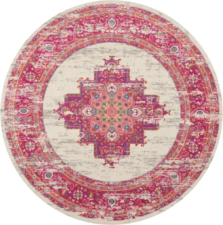 8' Ivory And Fuchsia Oriental Distressed Round Rug