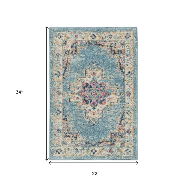 2' X 3' Blue And Ivory Southwestern Distressed Area Rug