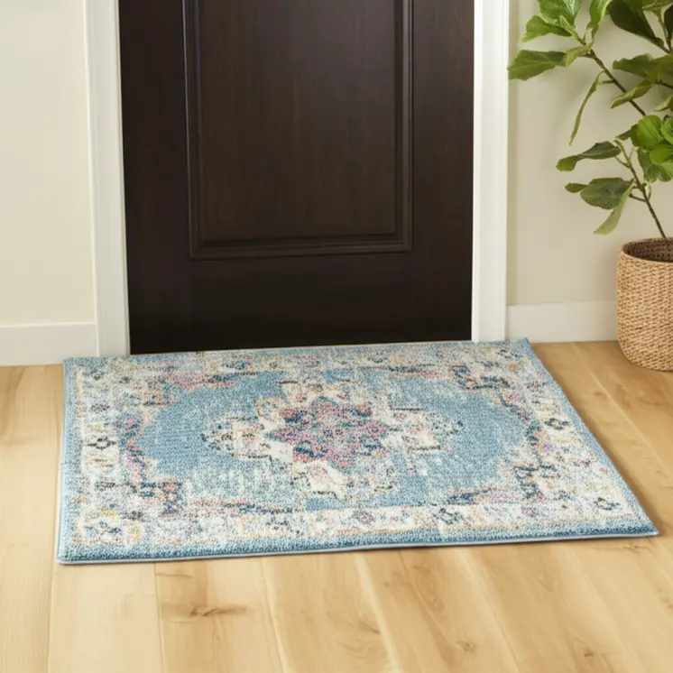 2' X 3' Blue And Ivory Southwestern Distressed Area Rug