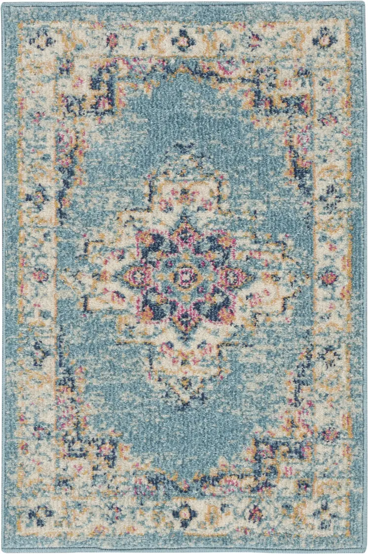 2' X 3' Blue And Ivory Southwestern Distressed Area Rug