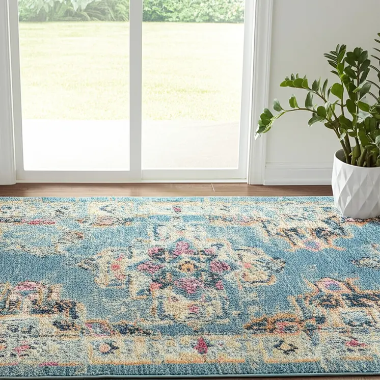 6' Blue And Ivory Southwestern Distressed Runner Rug