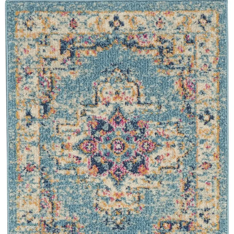 6' Blue And Ivory Southwestern Distressed Runner Rug