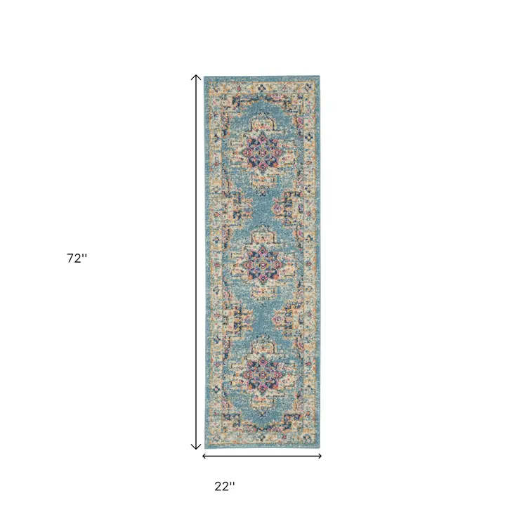 6' Blue And Ivory Southwestern Distressed Runner Rug