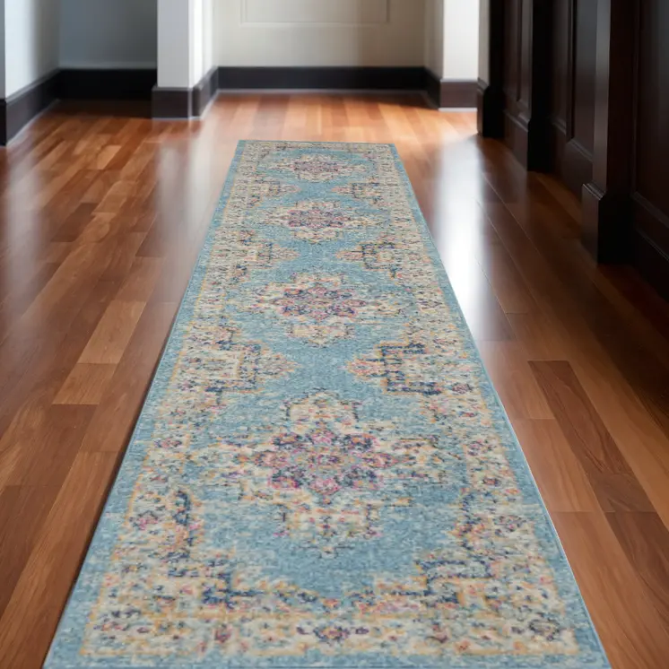 10' Blue And Ivory Southwestern Distressed Runner Rug