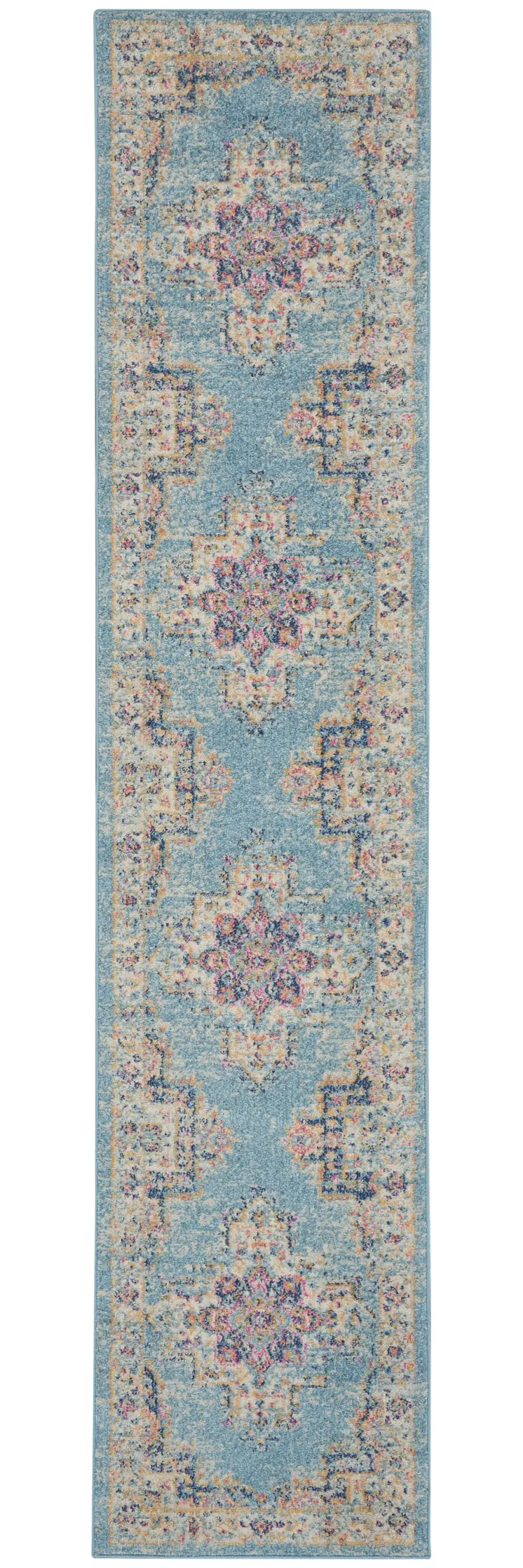 10' Blue And Ivory Southwestern Distressed Runner Rug