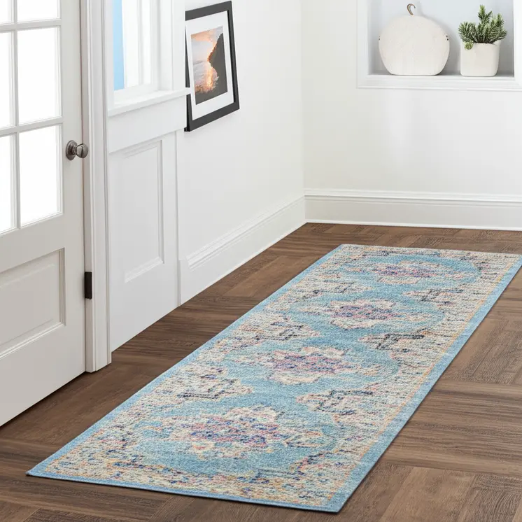 10' Blue And Ivory Southwestern Distressed Runner Rug