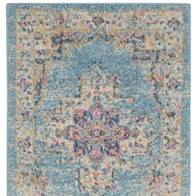 10' Blue And Ivory Southwestern Distressed Runner Rug