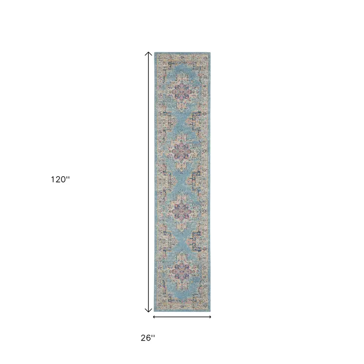 10' Blue And Ivory Southwestern Distressed Runner Rug