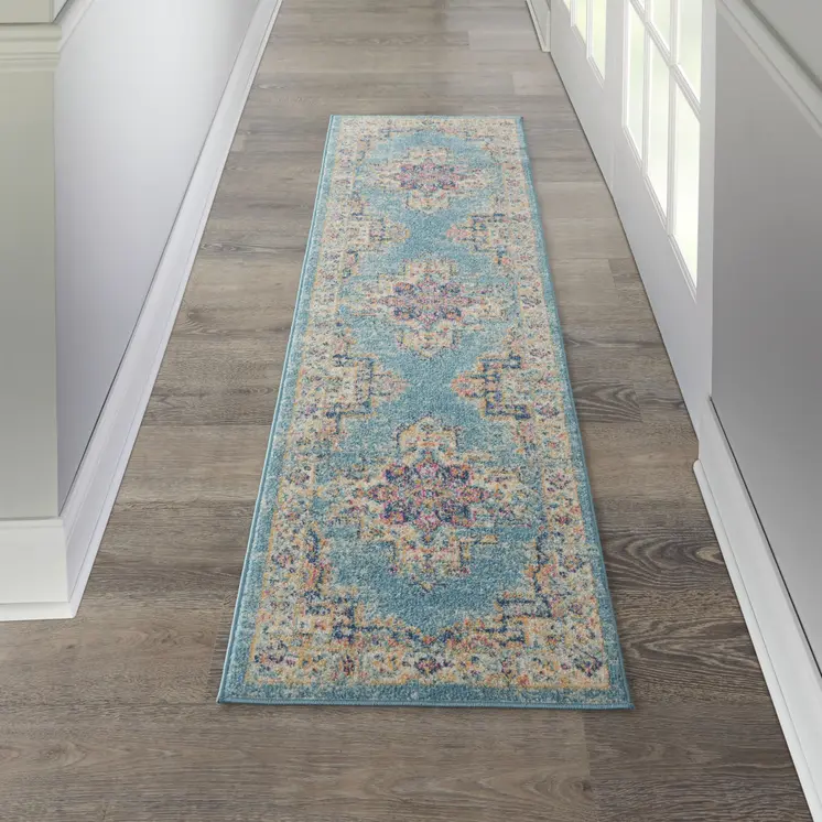 8' Blue And Ivory Southwestern Distressed Runner Rug
