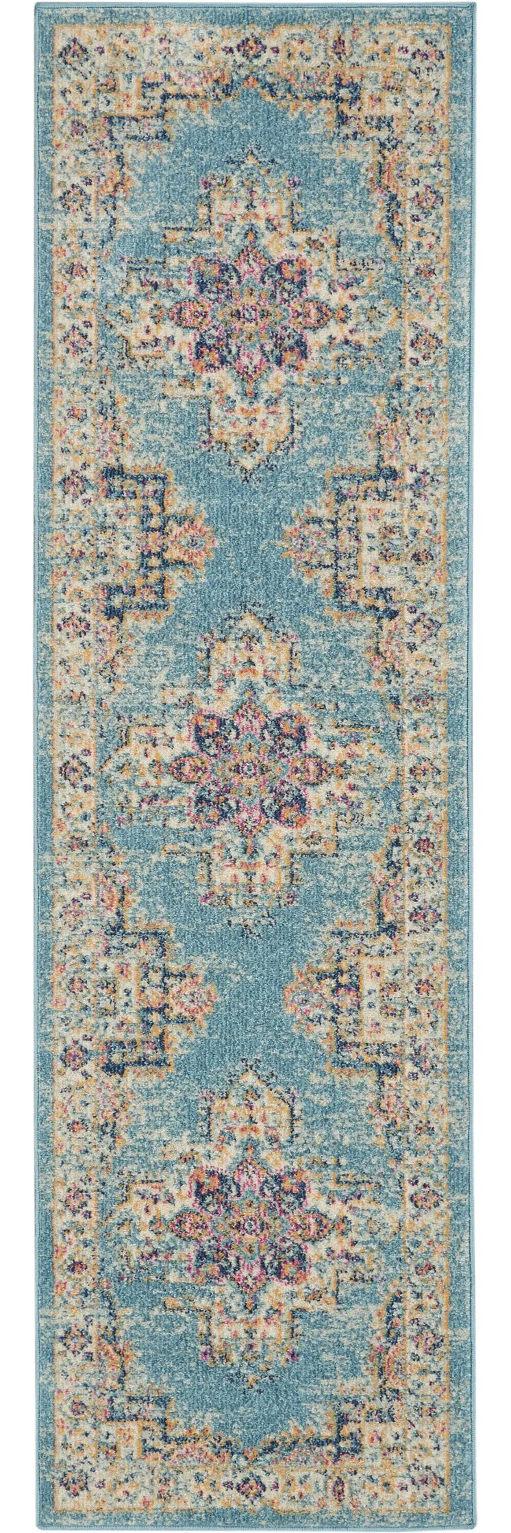 8' Blue And Ivory Southwestern Distressed Runner Rug
