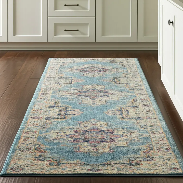8' Blue And Ivory Southwestern Distressed Runner Rug