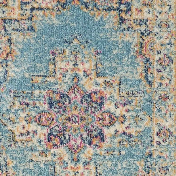 8' Blue And Ivory Southwestern Distressed Runner Rug
