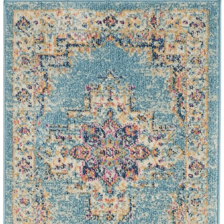 8' Blue And Ivory Southwestern Distressed Runner Rug
