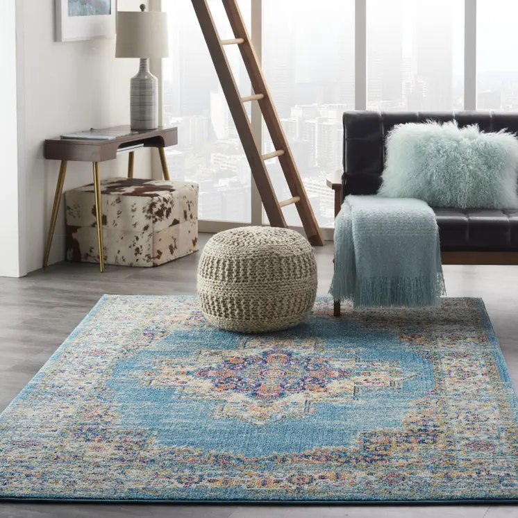 4' X 6' Blue And Ivory Southwestern Distressed Area Rug