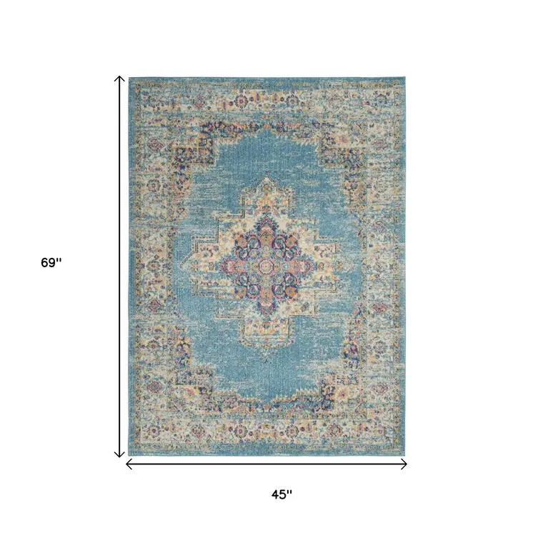 4' X 6' Blue And Ivory Southwestern Distressed Area Rug