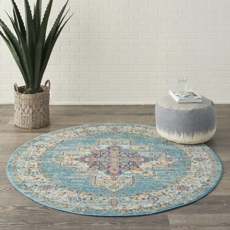 4' Blue And Ivory Southwestern Distressed Round Rug