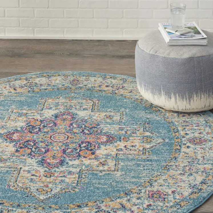 4' Blue And Ivory Southwestern Distressed Round Rug