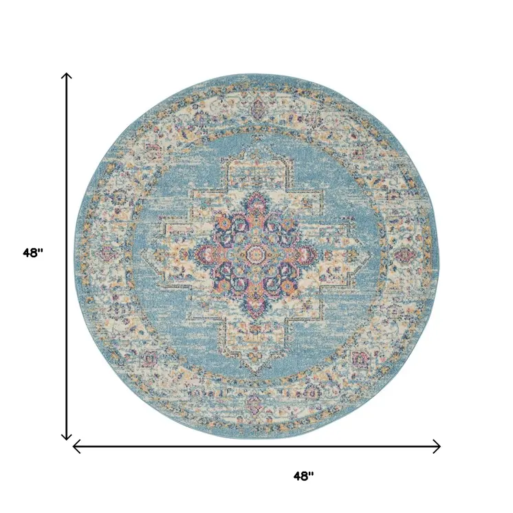 4' Blue And Ivory Southwestern Distressed Round Rug