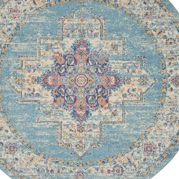 4' Blue And Ivory Southwestern Distressed Round Rug
