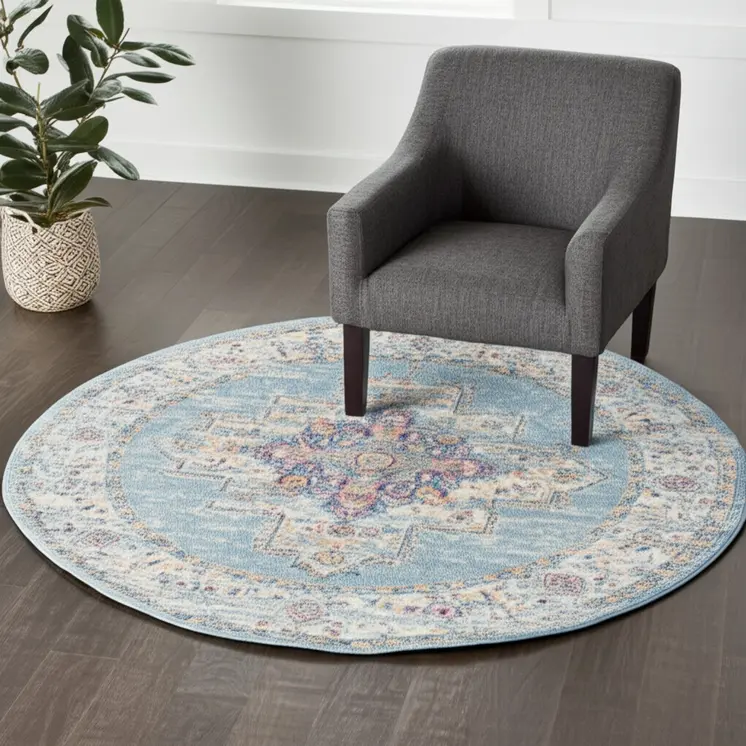 4' Blue And Ivory Southwestern Distressed Round Rug