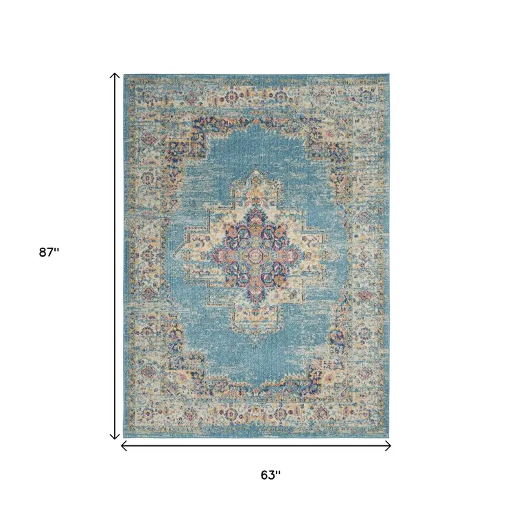5' X 7' Blue And Ivory Southwestern Distressed Area Rug