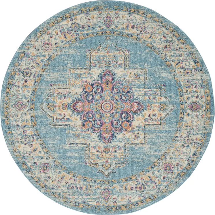5' Blue And Ivory Southwestern Distressed Round Rug