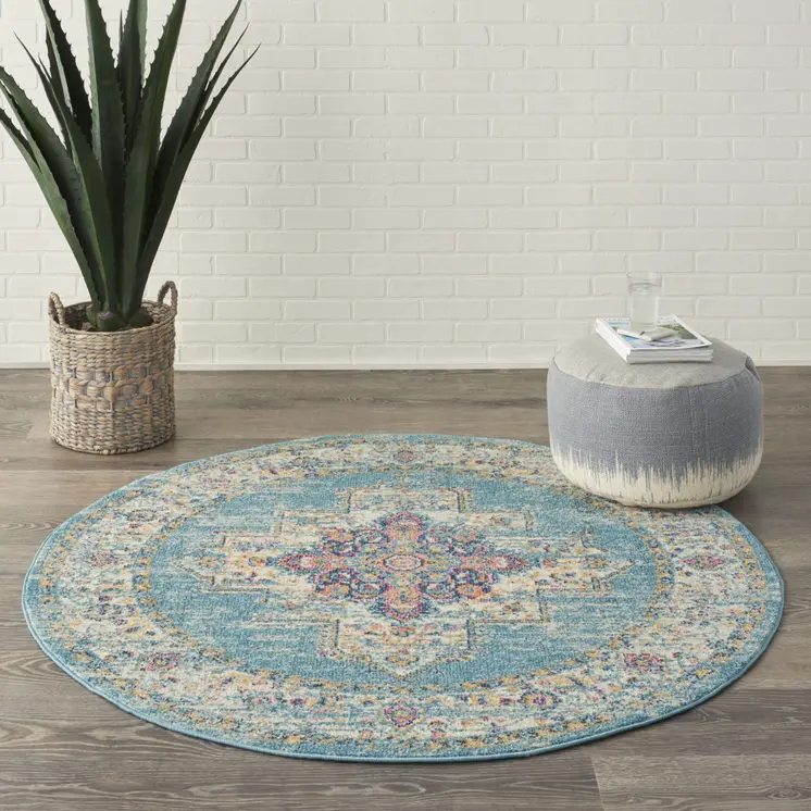 5' Blue And Ivory Southwestern Distressed Round Rug