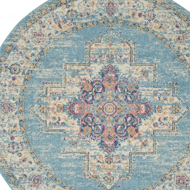 5' Blue And Ivory Southwestern Distressed Round Rug
