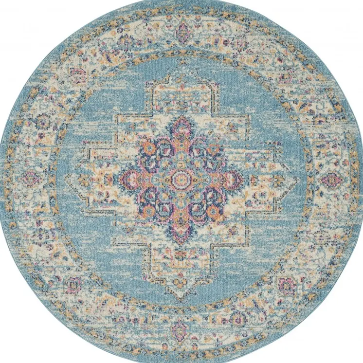 5' Blue And Ivory Southwestern Distressed Round Rug