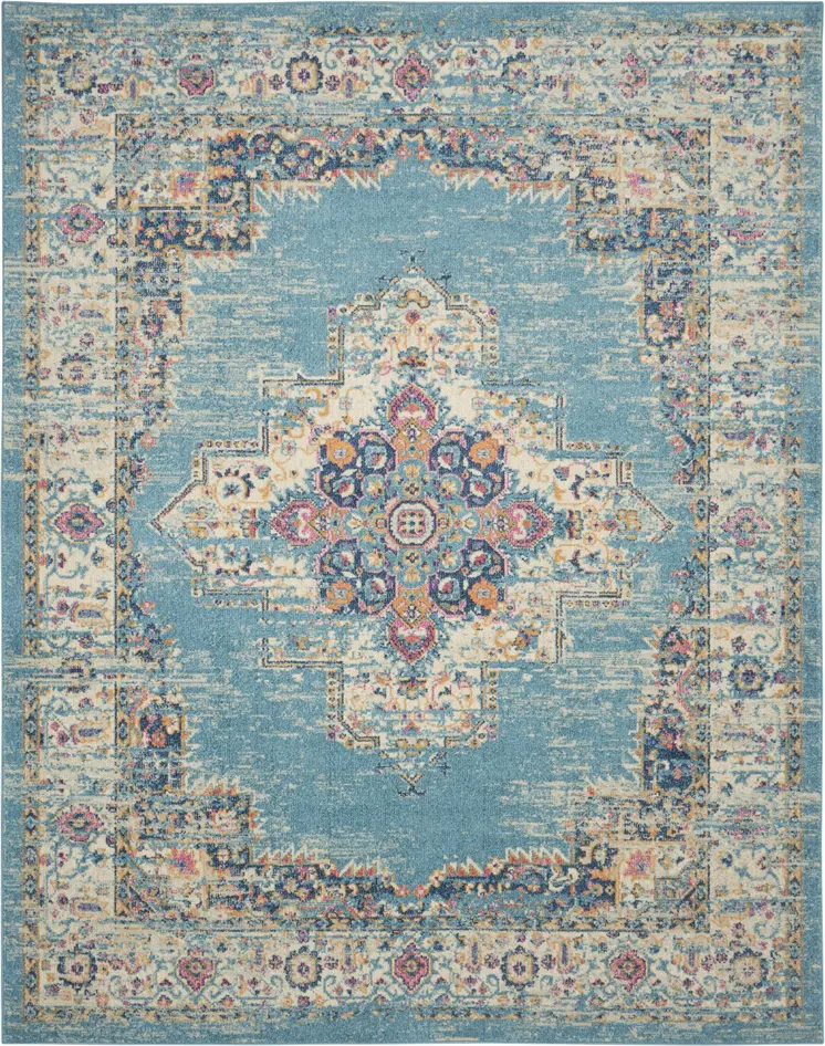 7' X 10' Blue And Ivory Medallion Distressed Area Rug