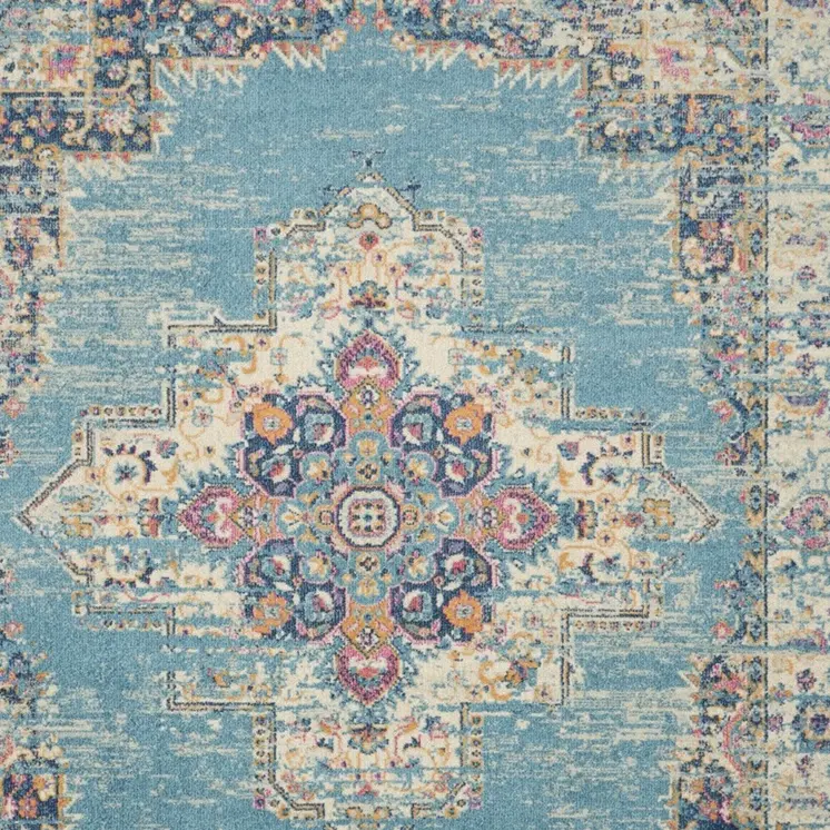 7' X 10' Blue And Ivory Medallion Distressed Area Rug