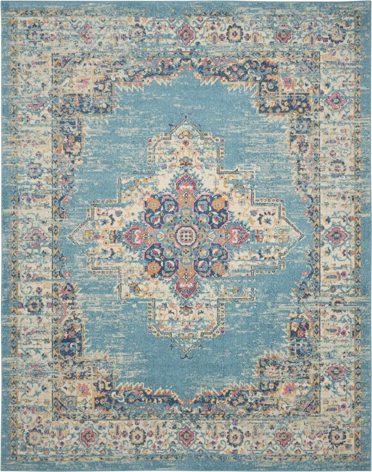 7' X 10' Blue And Ivory Medallion Distressed Area Rug