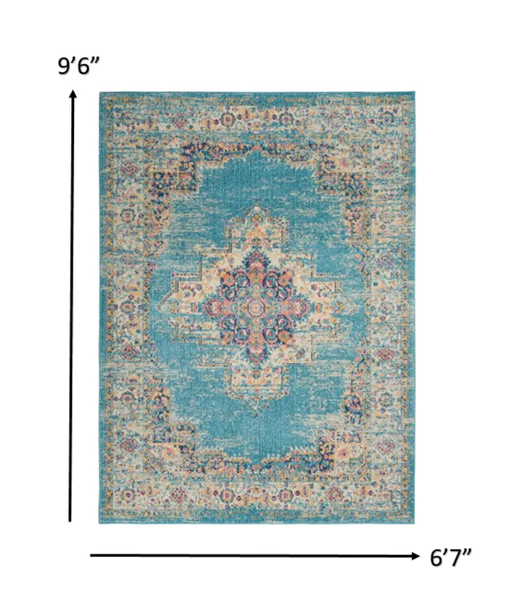 7' X 10' Blue And Ivory Medallion Distressed Area Rug