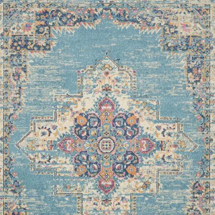 8' X 10' Blue And Ivory Southwestern Distressed Area Rug
