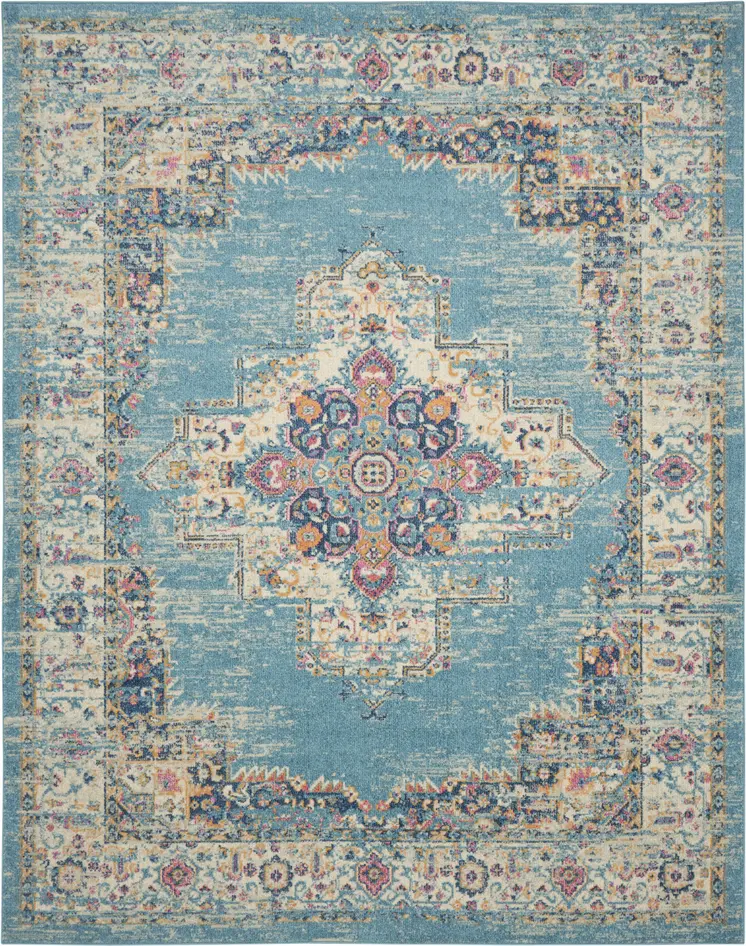 8' X 10' Blue And Ivory Southwestern Distressed Area Rug