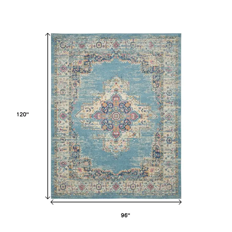 8' X 10' Blue And Ivory Southwestern Distressed Area Rug
