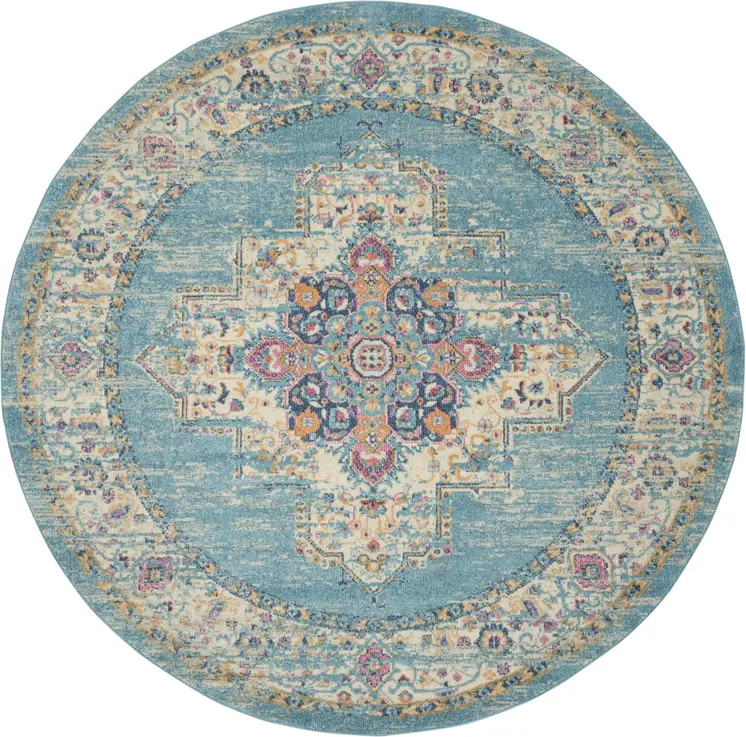 8' Blue And Ivory Southwestern Distressed Round Rug