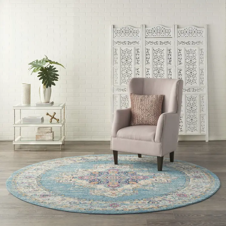 8' Blue And Ivory Southwestern Distressed Round Rug