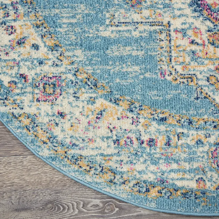8' Blue And Ivory Southwestern Distressed Round Rug