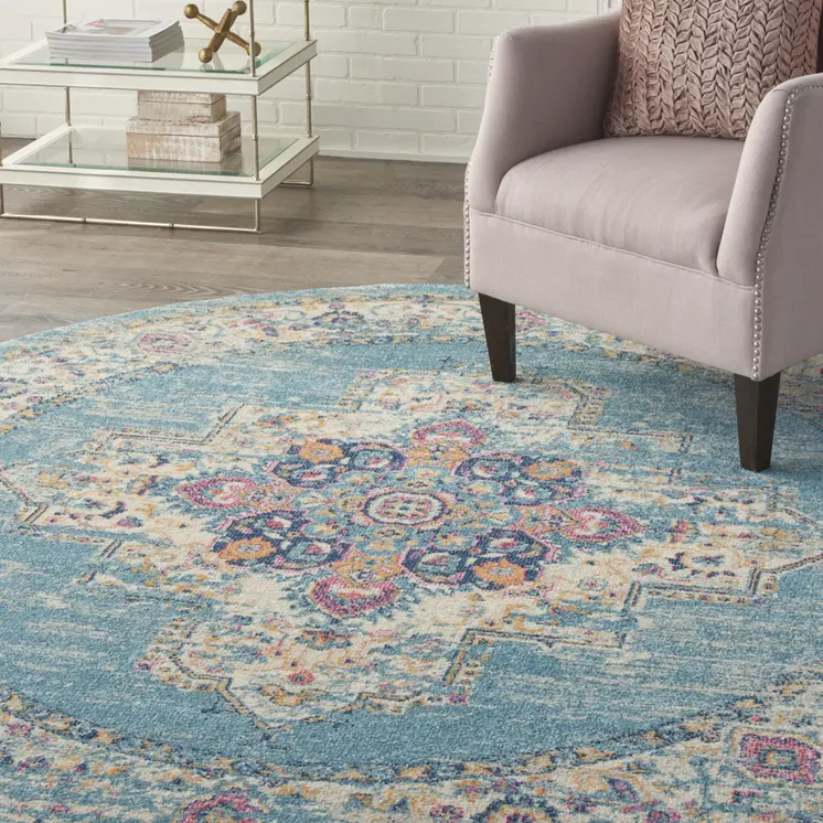 8' Blue And Ivory Southwestern Distressed Round Rug