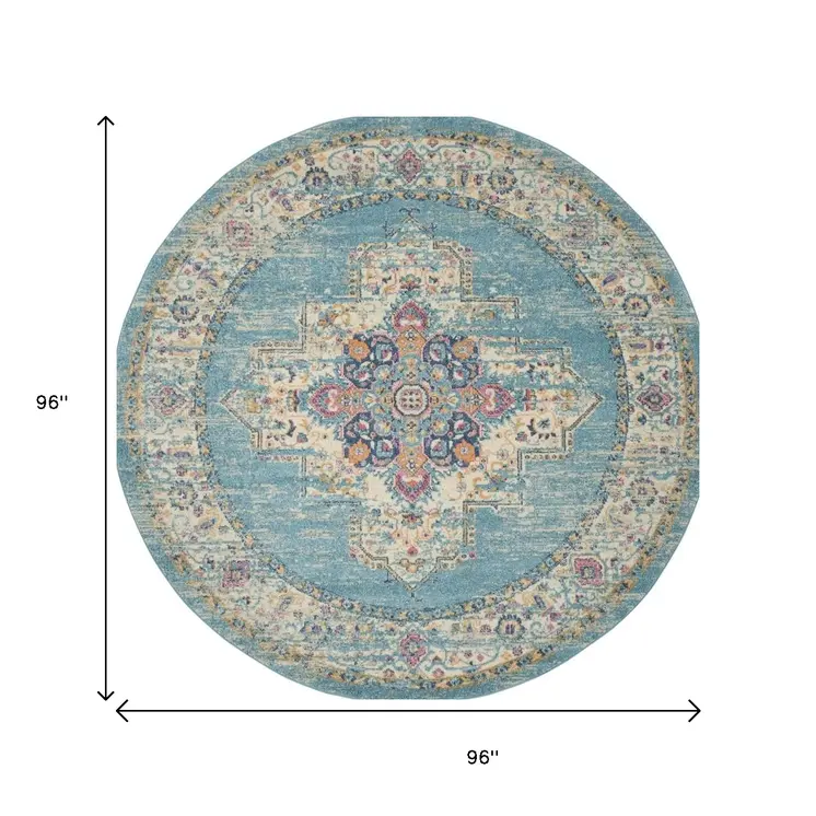 8' Blue And Ivory Southwestern Distressed Round Rug