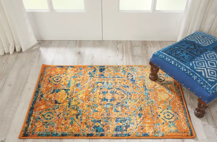 2' X 3' Teal And Gold Medallion Distressed Area Rug
